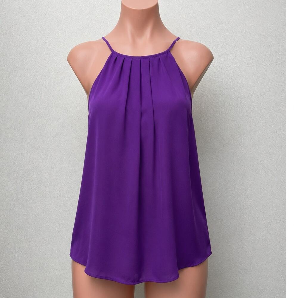 NWT Lavender Brown Purple Silk Front Pleat High Neck Keyhole Back Top L